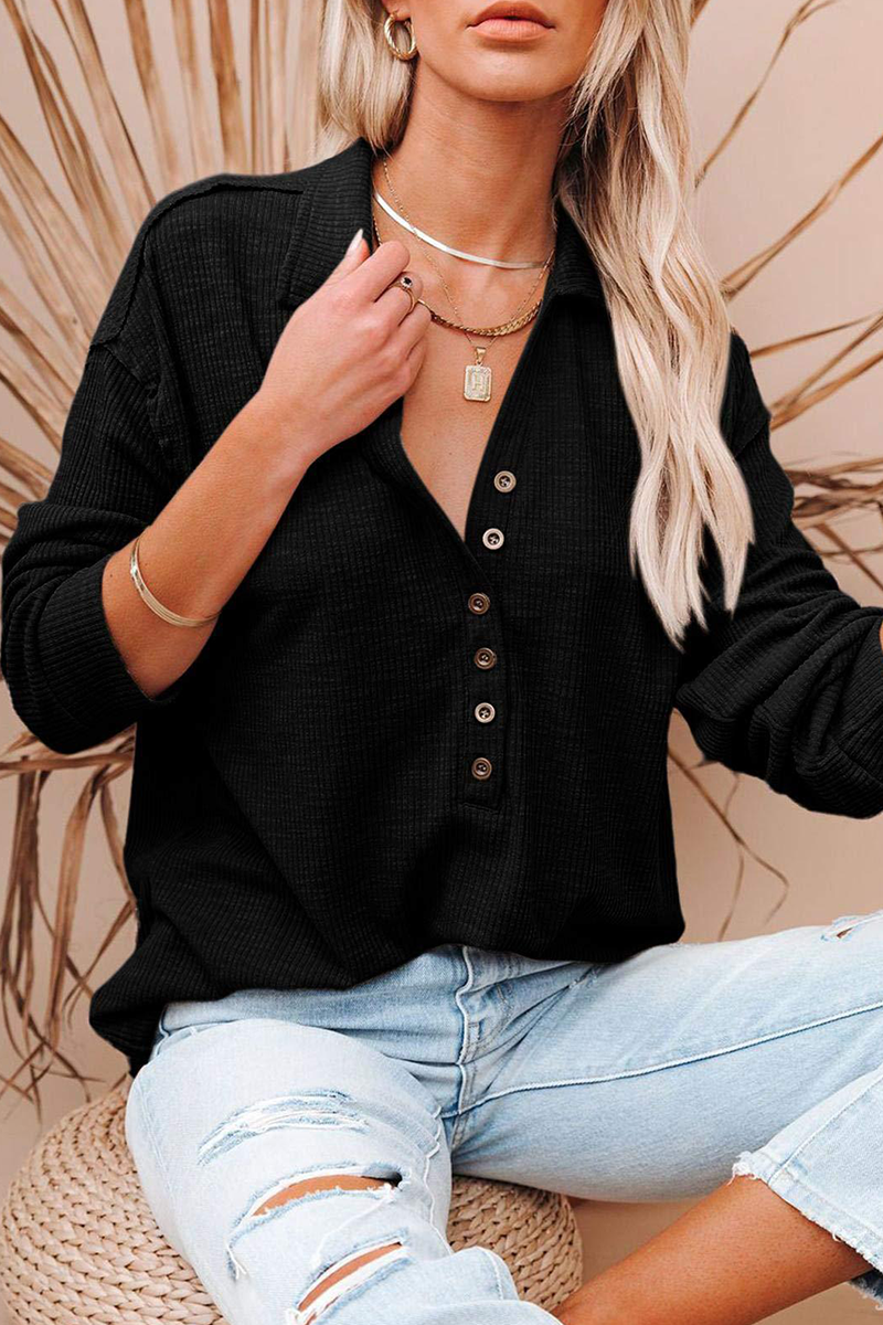 Casual Solid Buckle Turndown Collar Tops