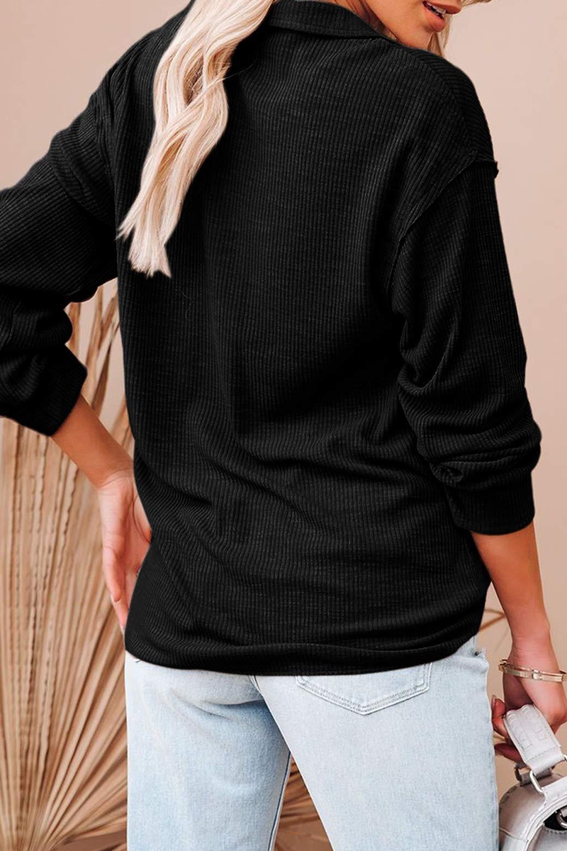 Casual Solid Buckle Turndown Collar Tops