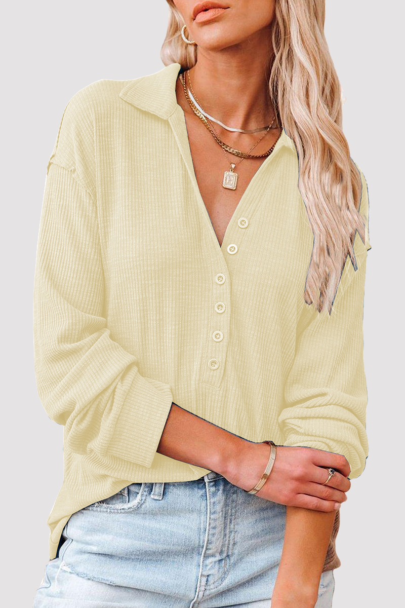 Casual Solid Buckle Turndown Collar Tops