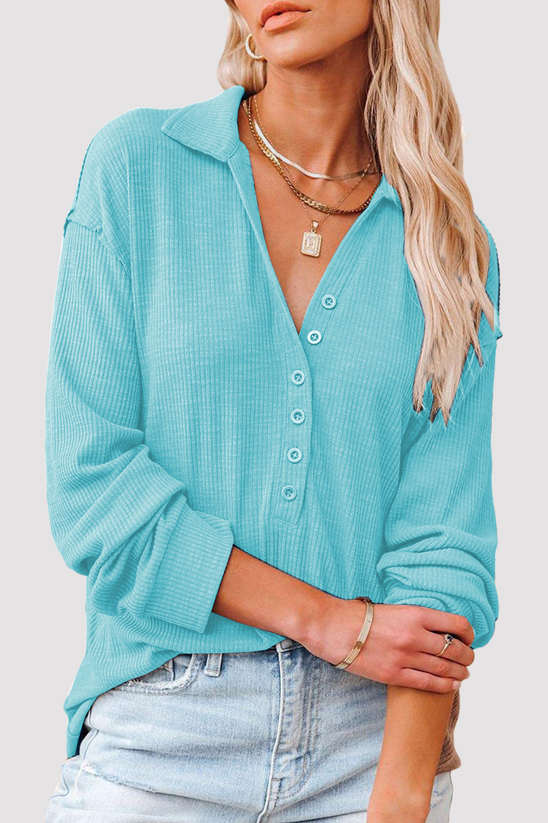 Casual Solid Buckle Turndown Collar Tops