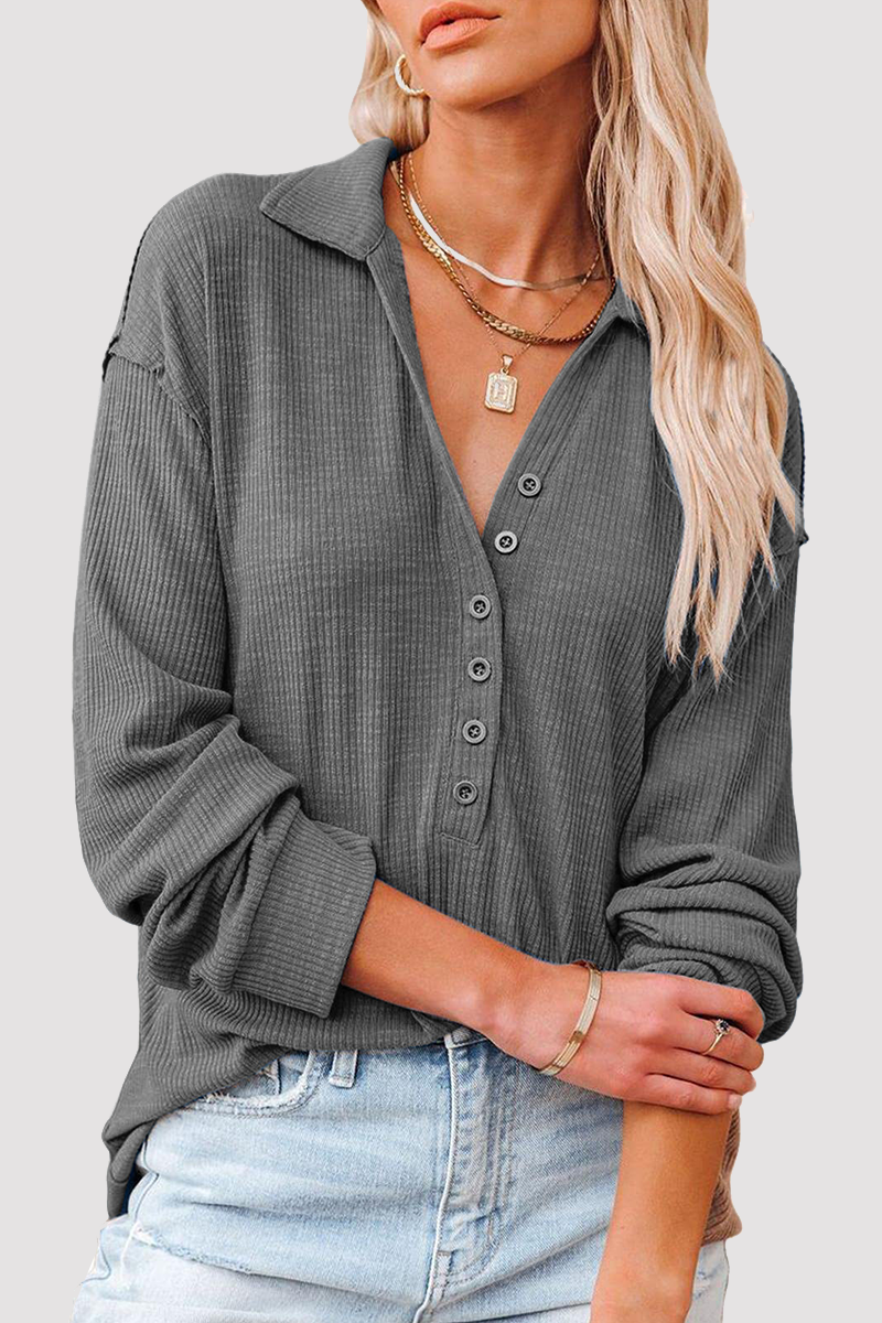 Casual Solid Buckle Turndown Collar Tops