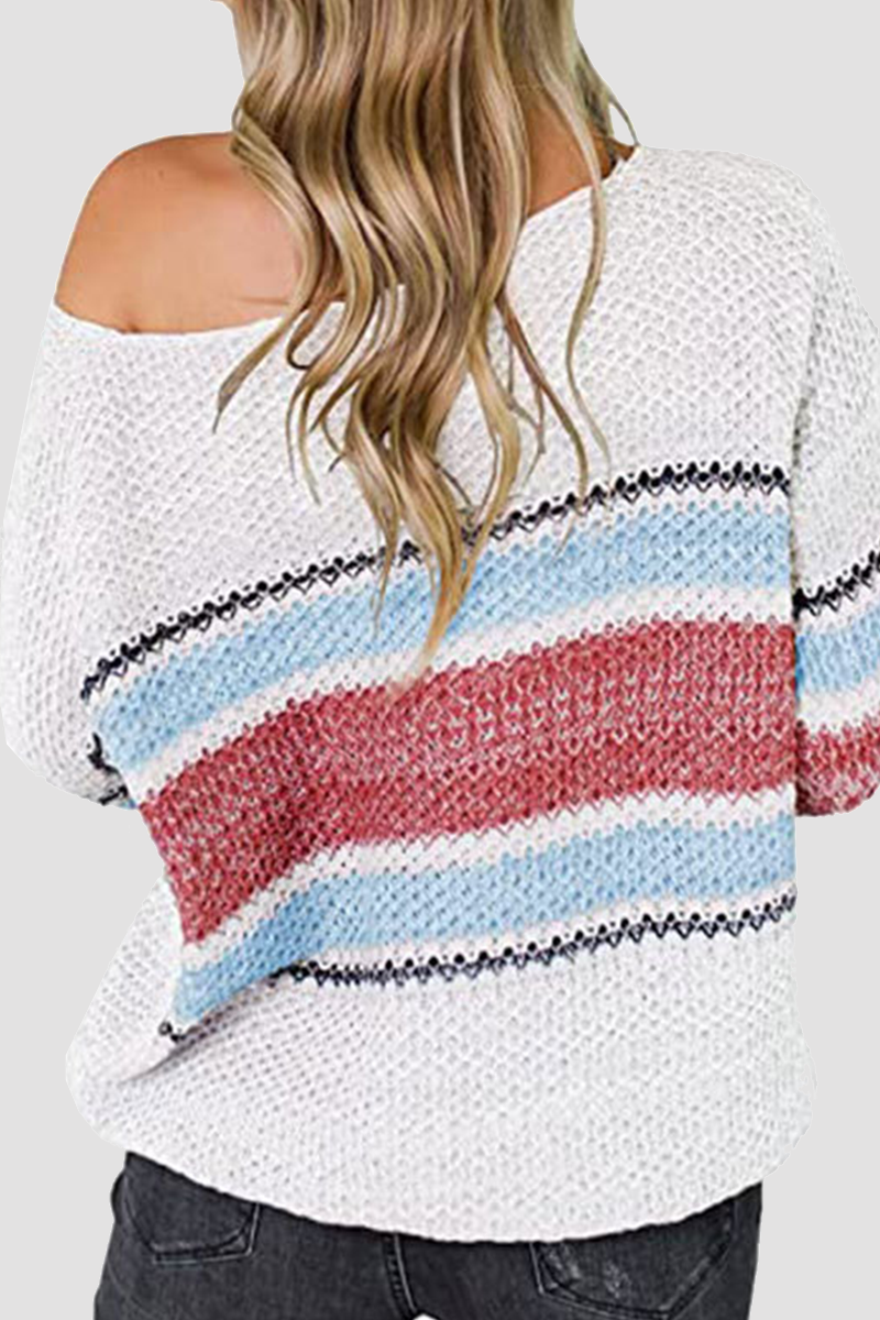 Casual Patchwork Hollowed Out  Contrast O Neck Tops Sweater