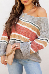 Casual Patchwork Hollowed Out  Contrast O Neck Tops Sweater