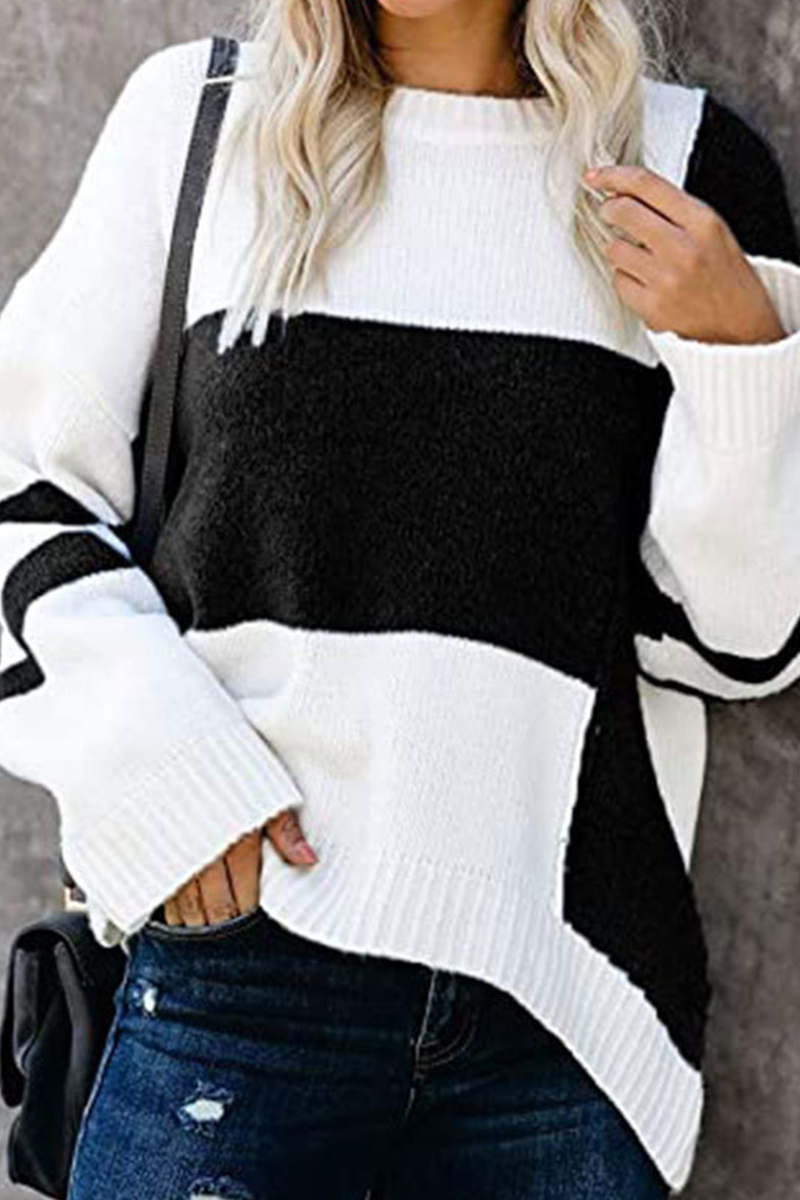 Casual Patchwork  Contrast O Neck Tops Sweater