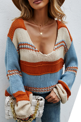 Casual Striped Contrast V Neck Tops Sweater