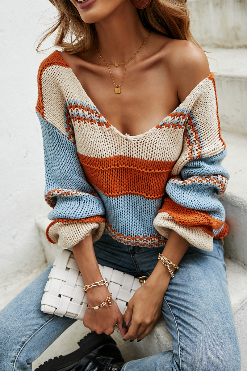 Casual Striped Contrast V Neck Tops Sweater