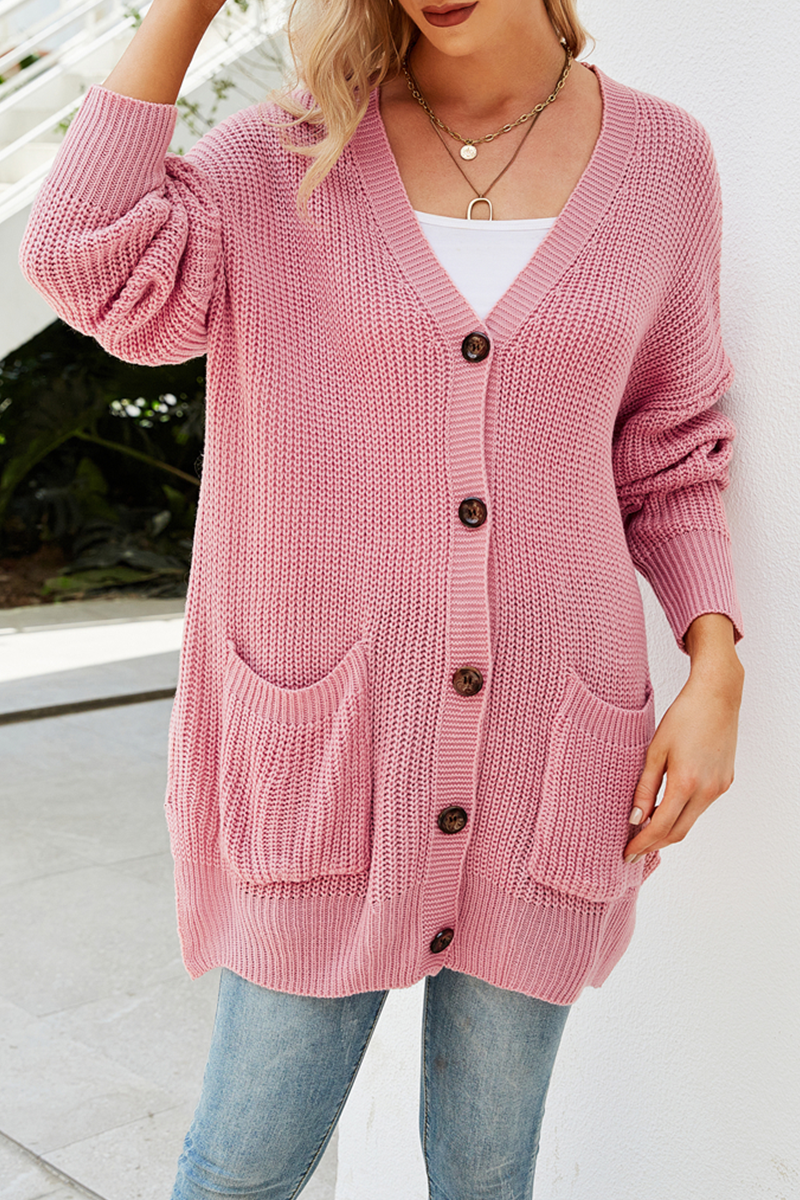 Casual Solid Pocket Buckle V Neck Tops Sweater