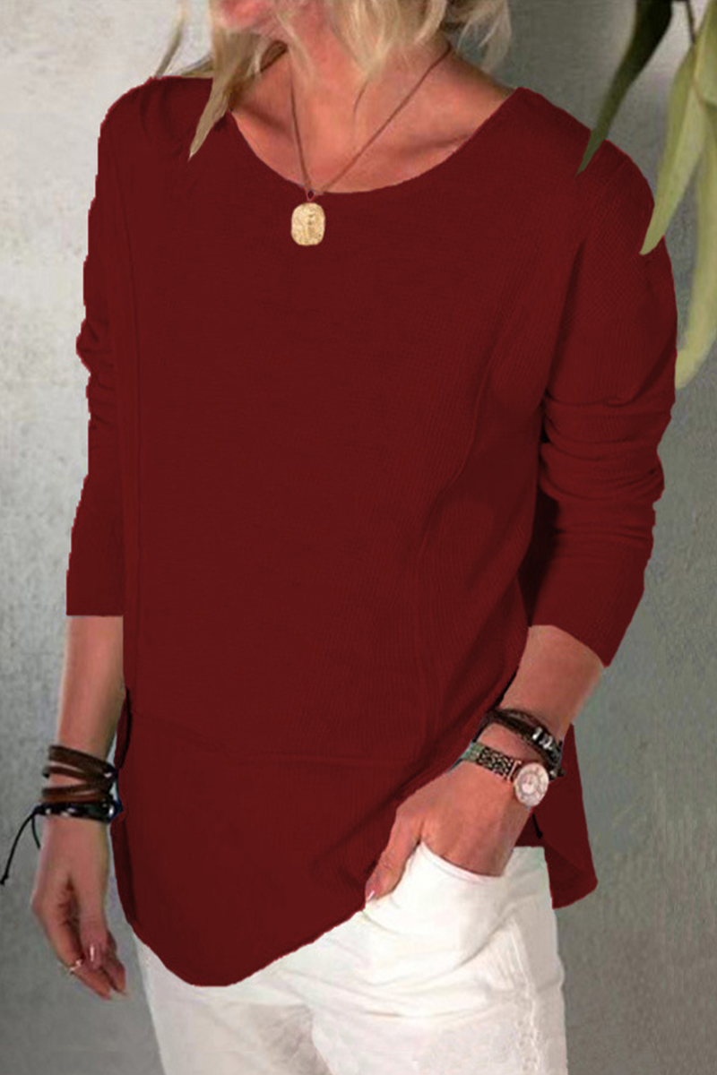 Casual Solid Split Joint O Neck Tops(6 colors)