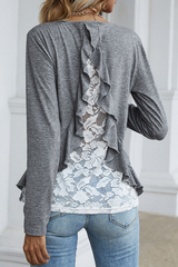 Casual Patchwork Lace Flounce O Neck Tops