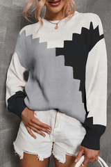 Casual Color Lump Contrast O Neck Tops Sweater