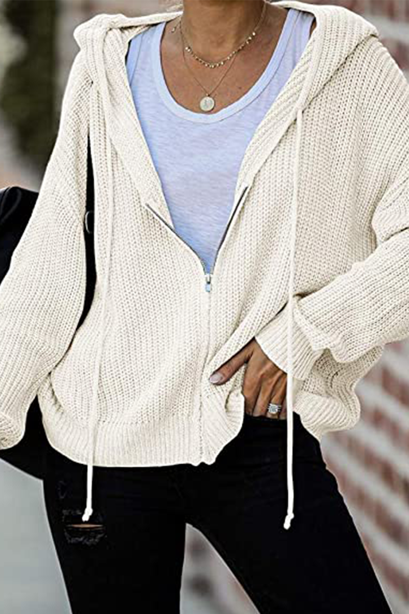 Casual Solid Draw String Zipper Hooded Collar Sweaters(5 colors)