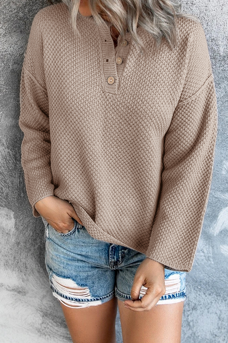 Casual Solid Buckle V Neck Tops Sweater