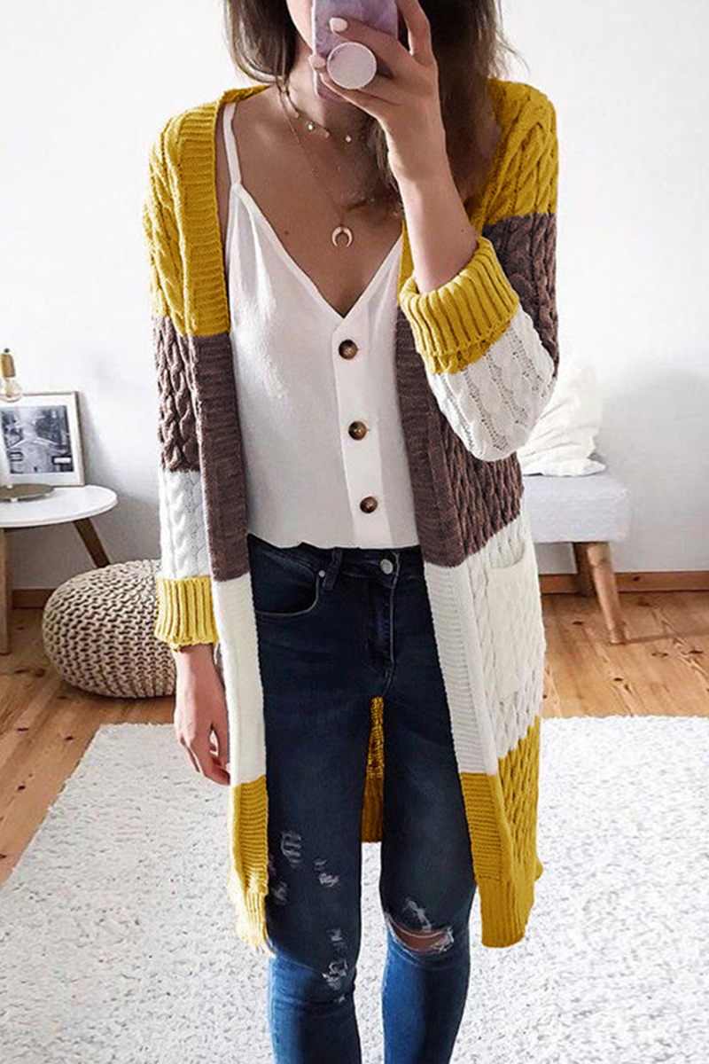 Casual Color Lump Pocket Contrast V Neck Tops Cardigans(3 Colors)