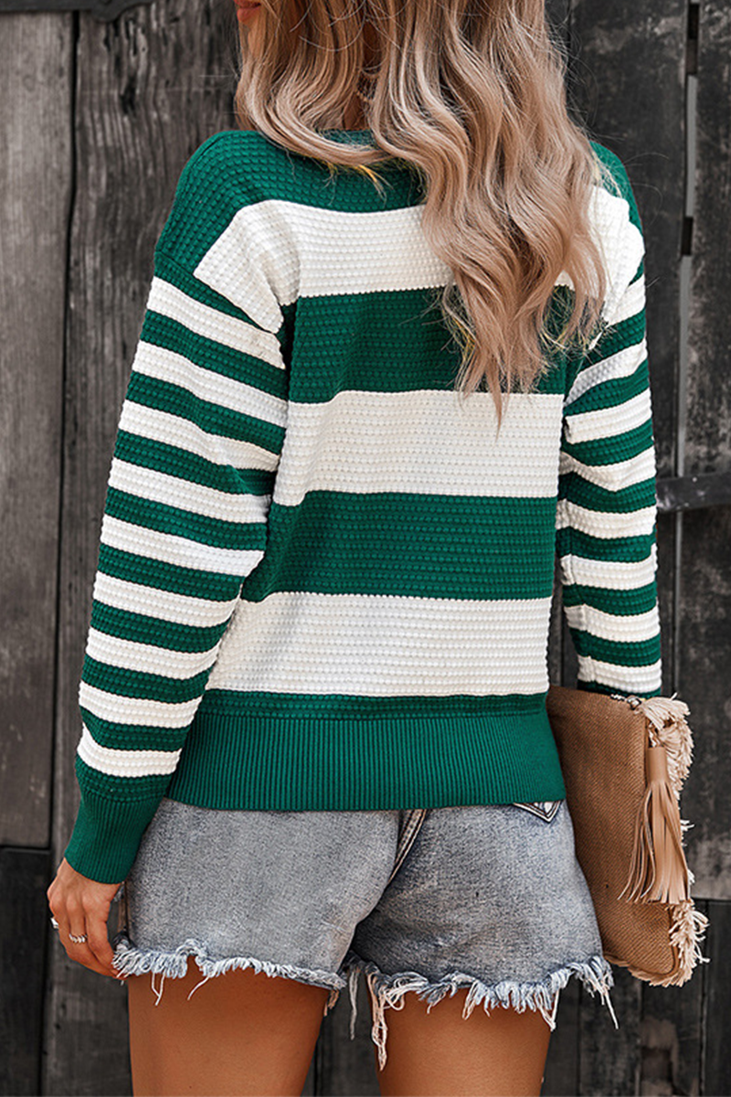 Casual Striped Contrast O Neck Sweaters(4 Colors)