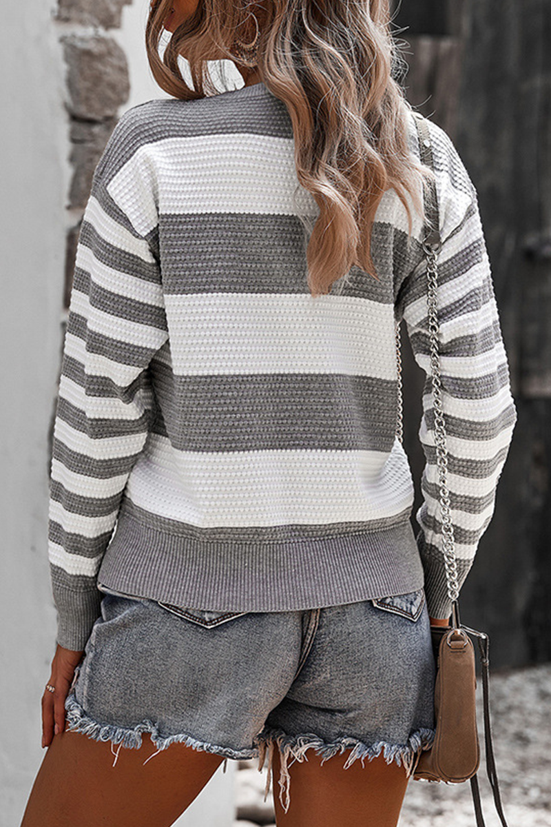 Casual Striped Contrast O Neck Sweaters(4 Colors)