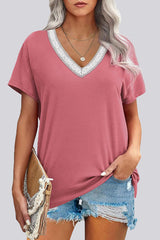 Fashion Casual Striped Patchwork V Neck T-Shirts