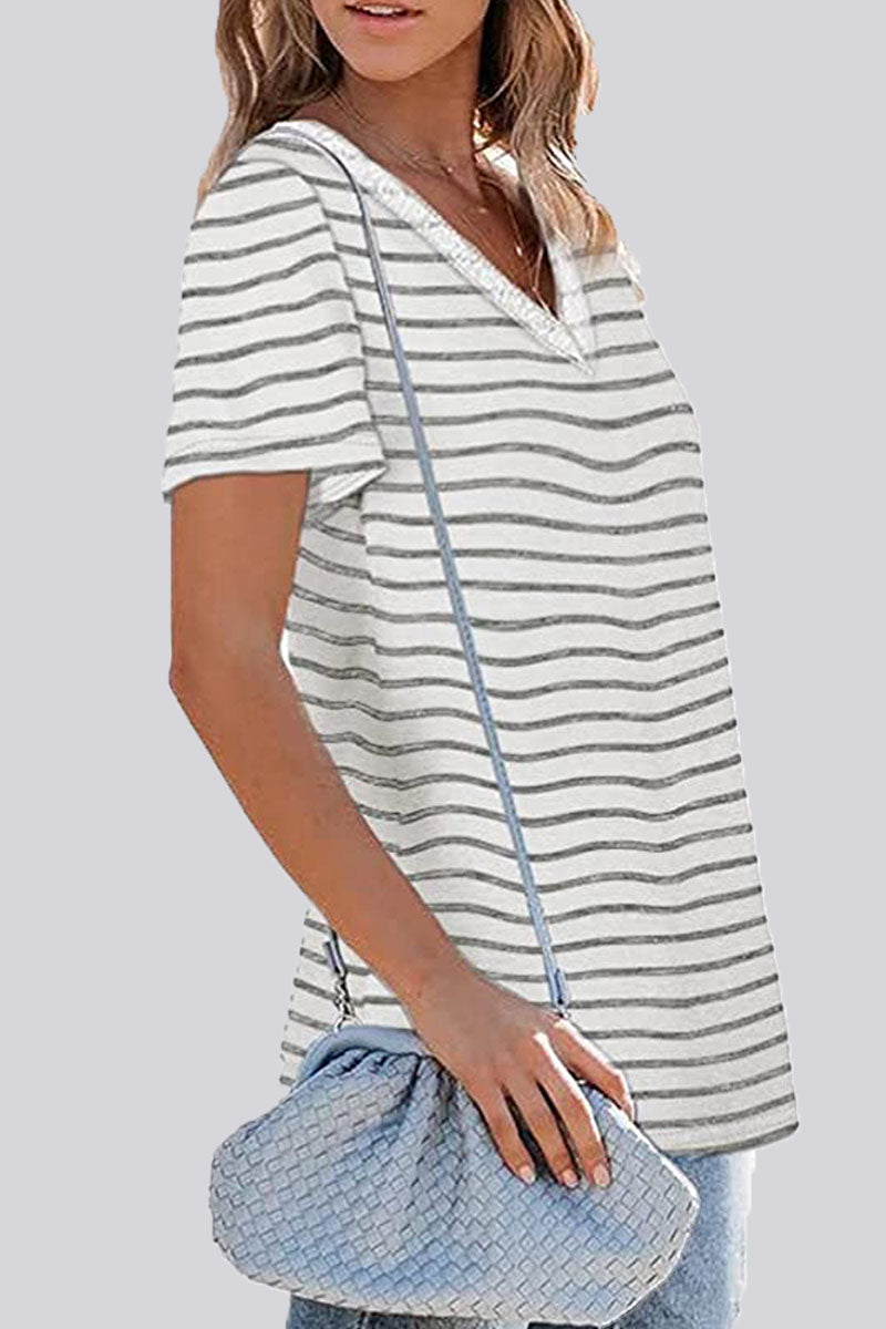 Fashion Casual Striped Patchwork V Neck T-Shirts