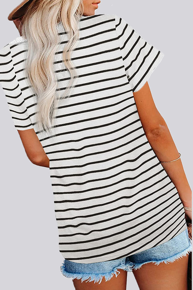 Fashion Casual Striped Patchwork V Neck T-Shirts