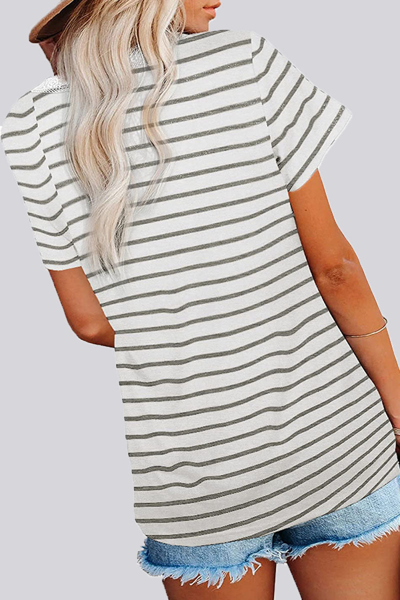 Fashion Casual Striped Patchwork V Neck T-Shirts