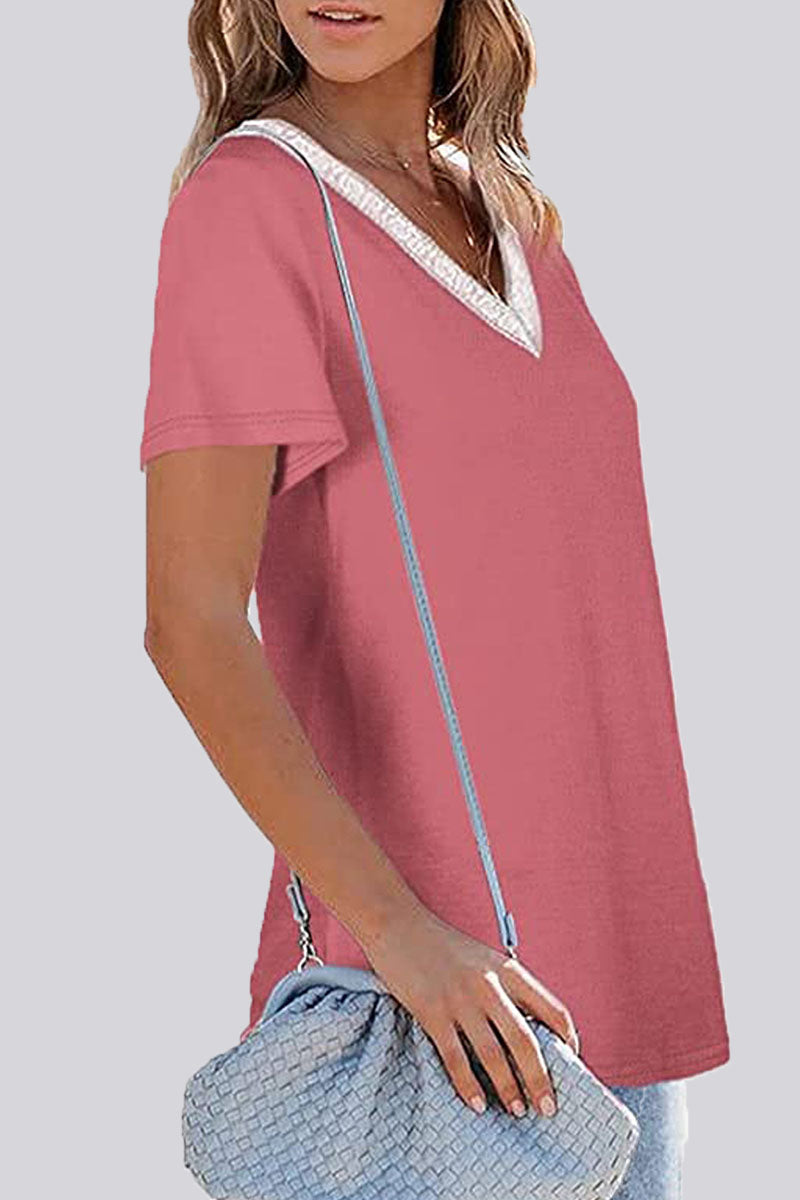 Fashion Casual Striped Patchwork V Neck T-Shirts