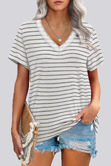 Fashion Casual Striped Patchwork V Neck T-Shirts