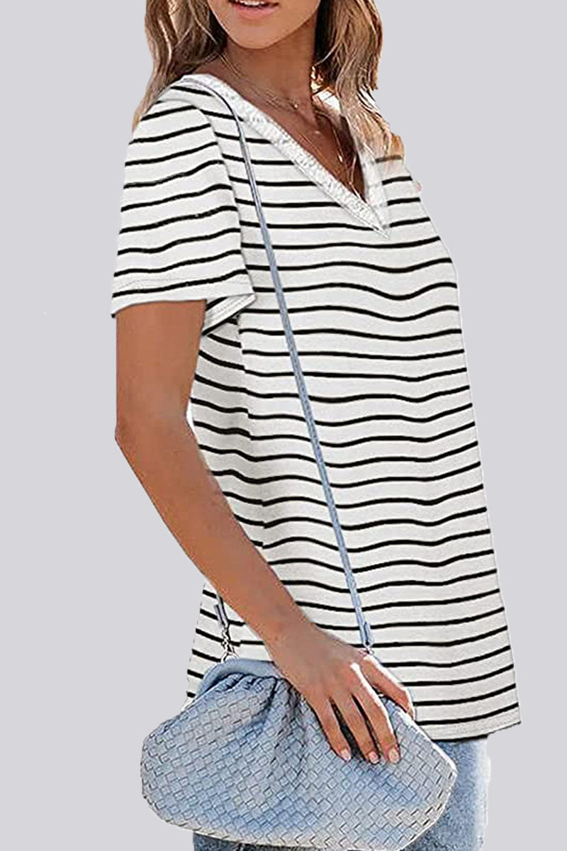 Fashion Casual Striped Patchwork V Neck T-Shirts