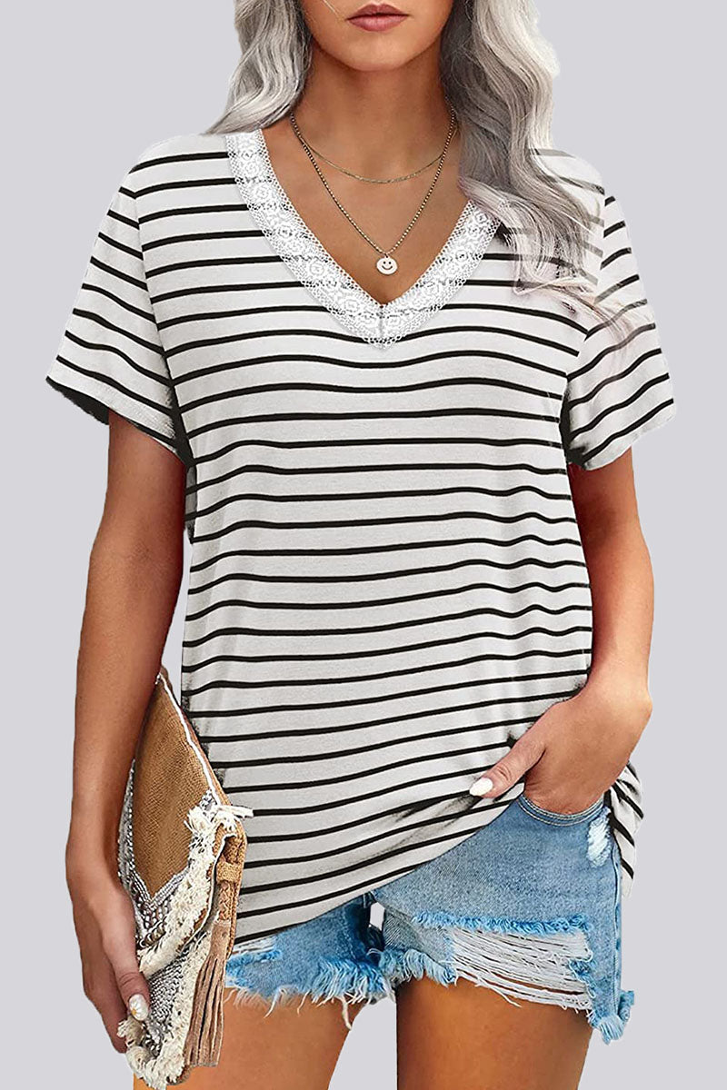 Fashion Casual Striped Patchwork V Neck T-Shirts