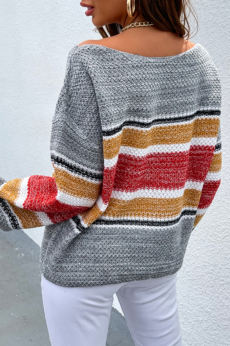 Casual Striped Patchwork Off the Shoulder Tops Sweater