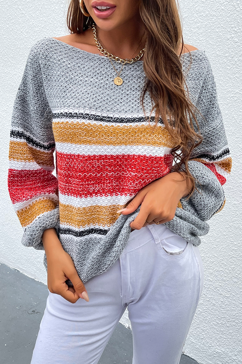 Casual Striped Patchwork Off the Shoulder Tops Sweater