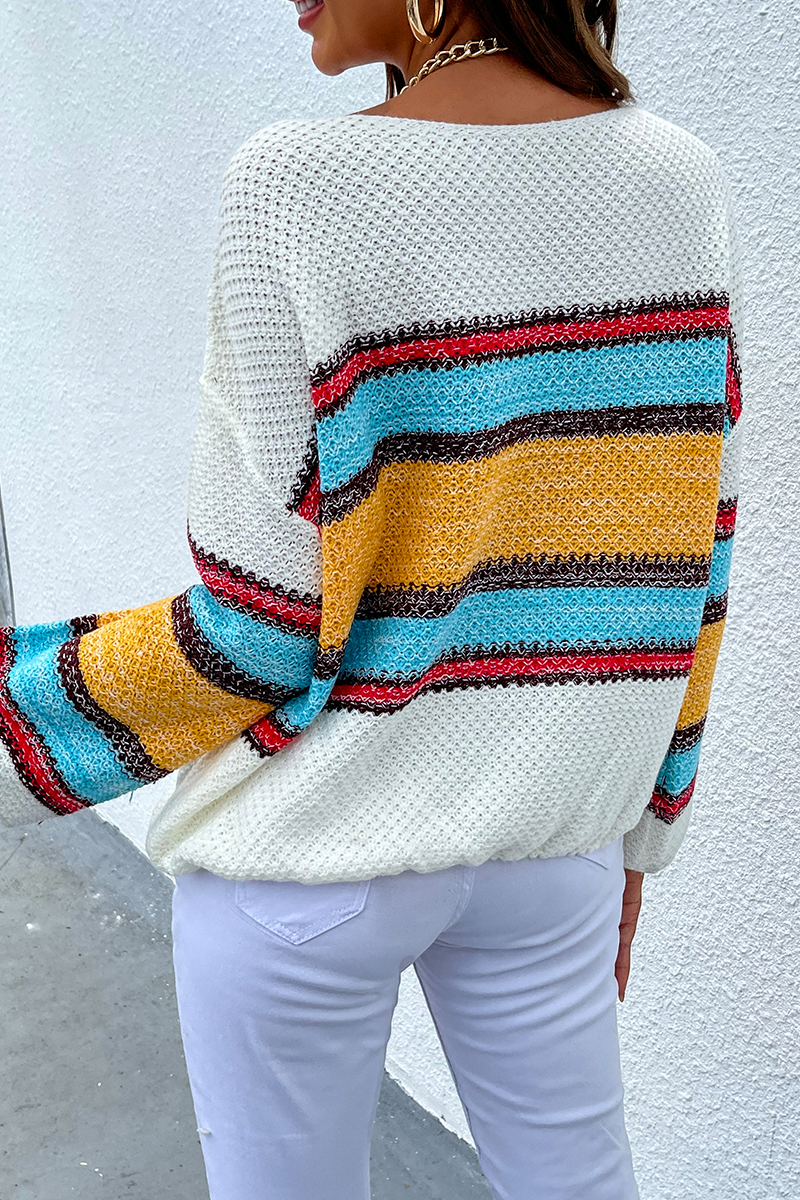 Casual Striped Patchwork Off the Shoulder Tops Sweater