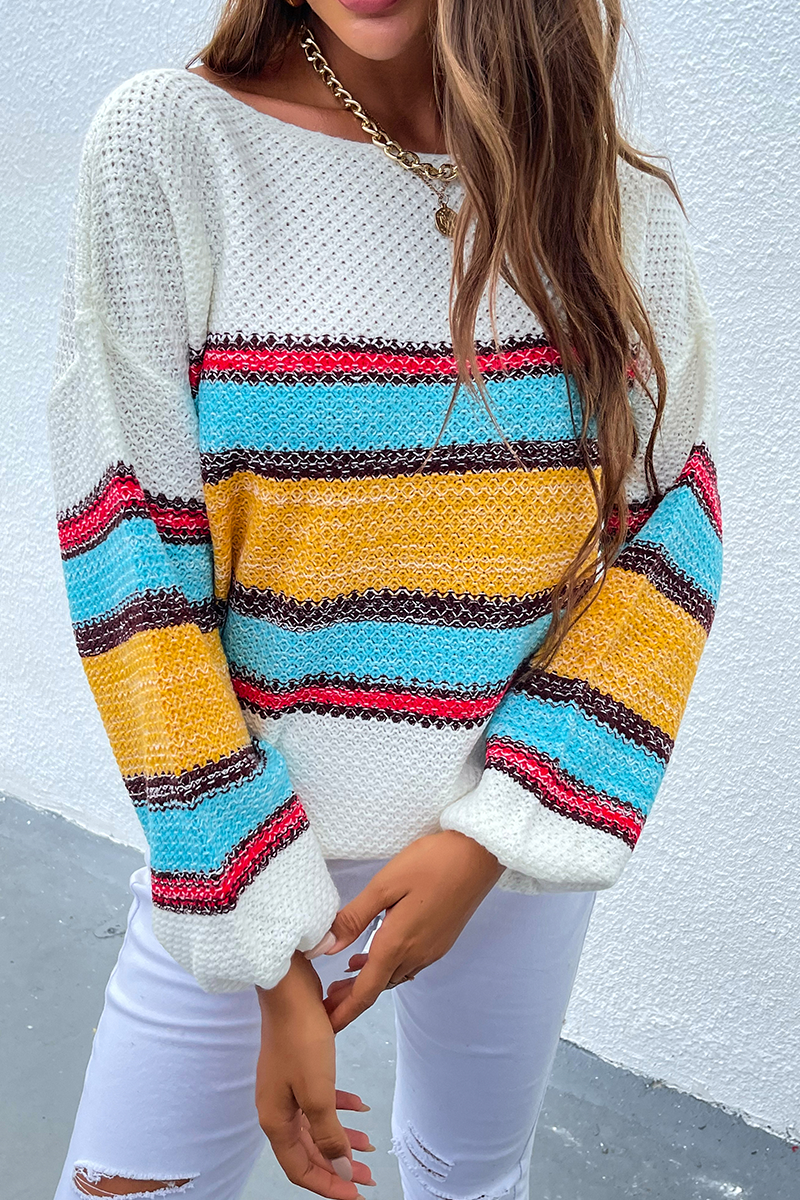 Casual Striped Patchwork Off the Shoulder Tops Sweater