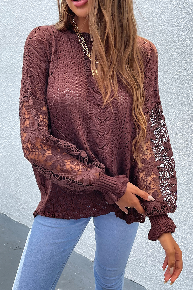 Casual Solid Lace Hollowed Out O Neck Tops Sweater(4 colors)