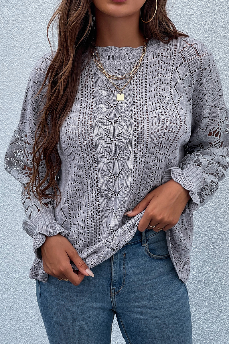 Casual Solid Lace Hollowed Out O Neck Tops Sweater(4 colors)