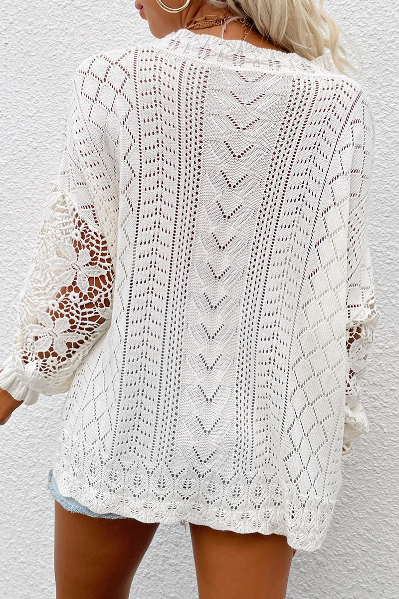 Casual Solid Lace Hollowed Out O Neck Tops Sweater(4 colors)