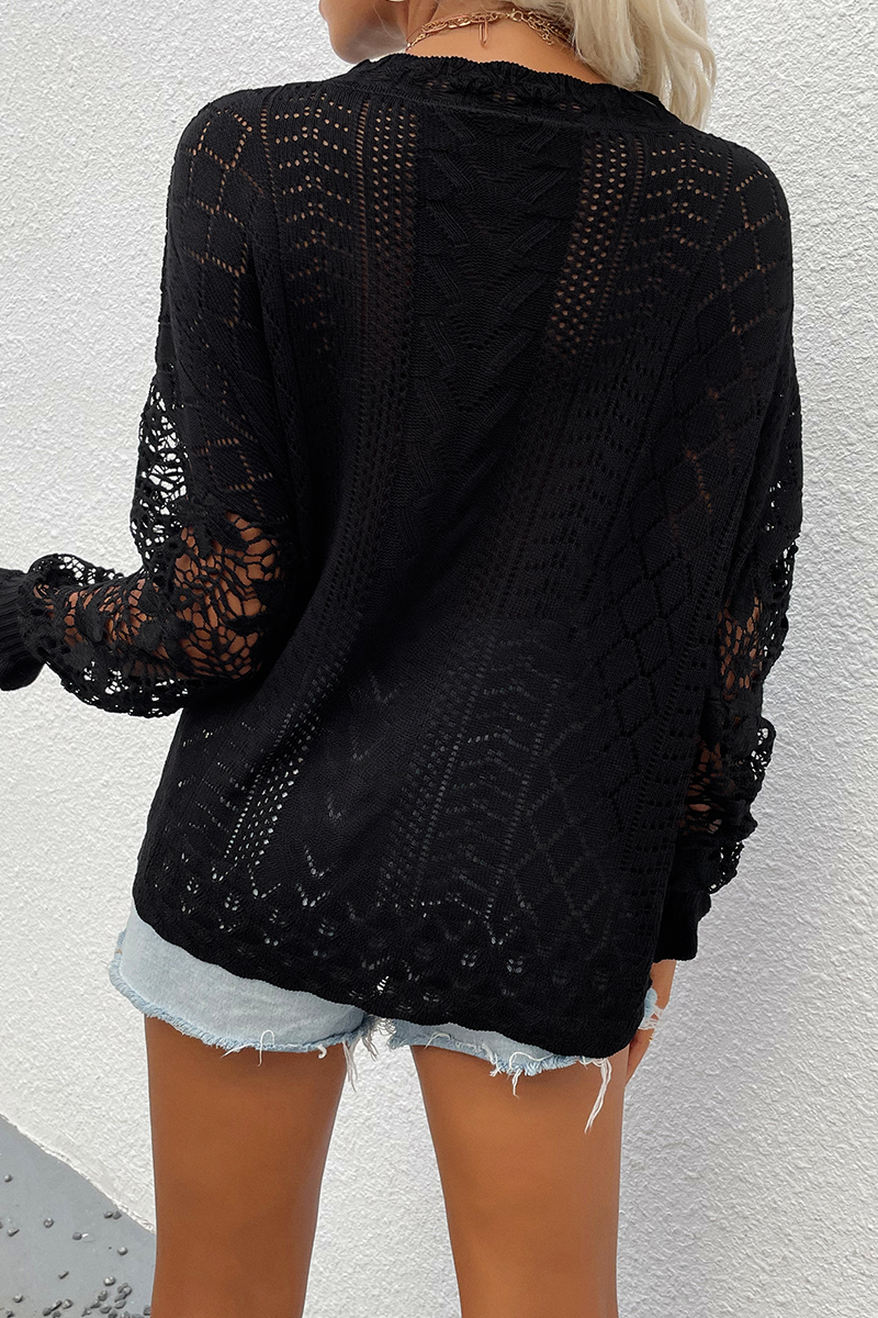 Casual Solid Lace Hollowed Out O Neck Tops Sweater(4 colors)