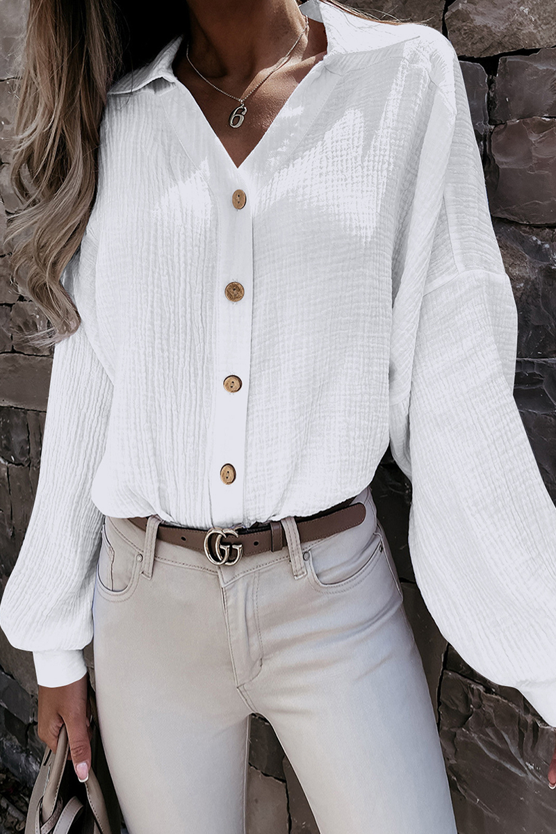 Casual Solid Buckle Turndown Collar Tops