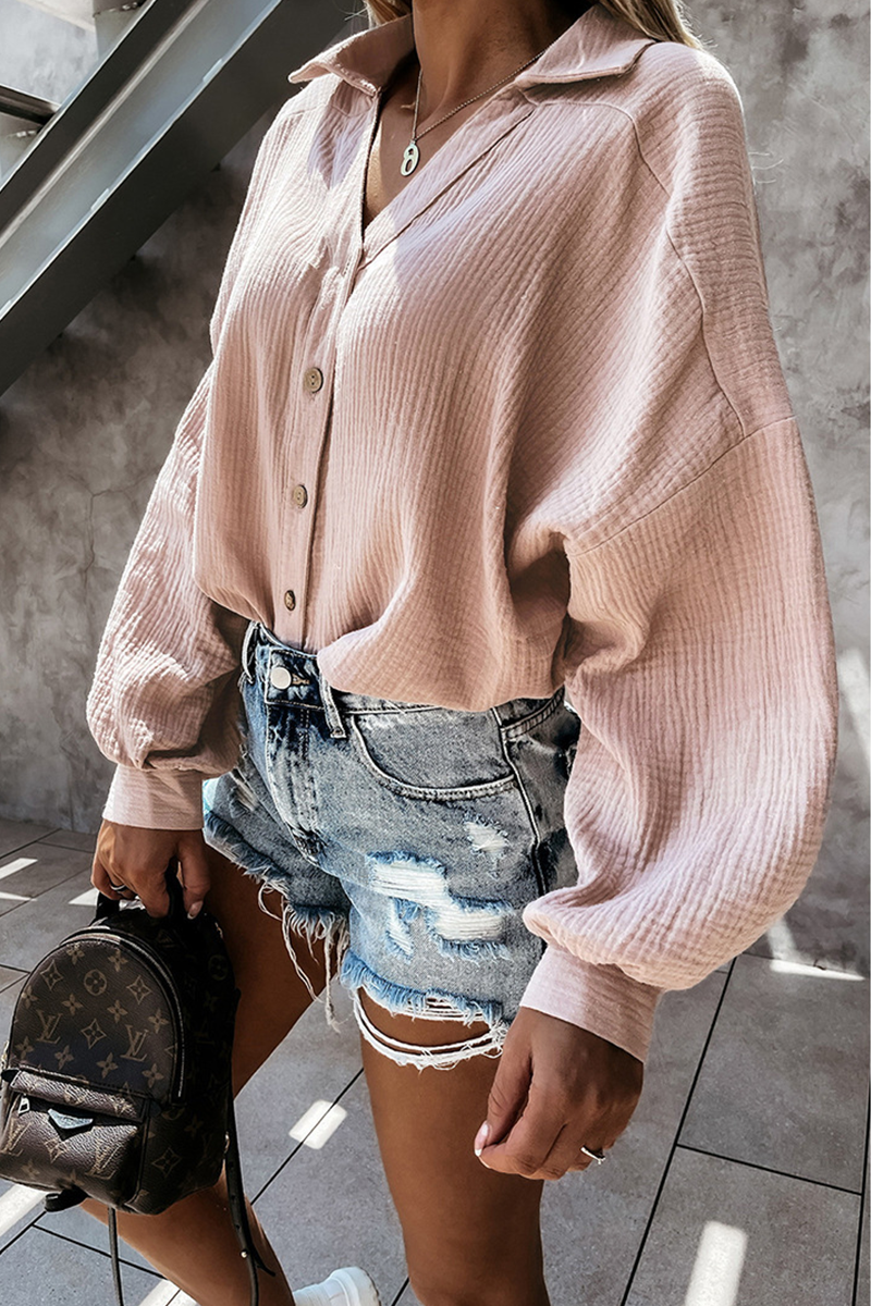 Casual Solid Buckle Turndown Collar Tops