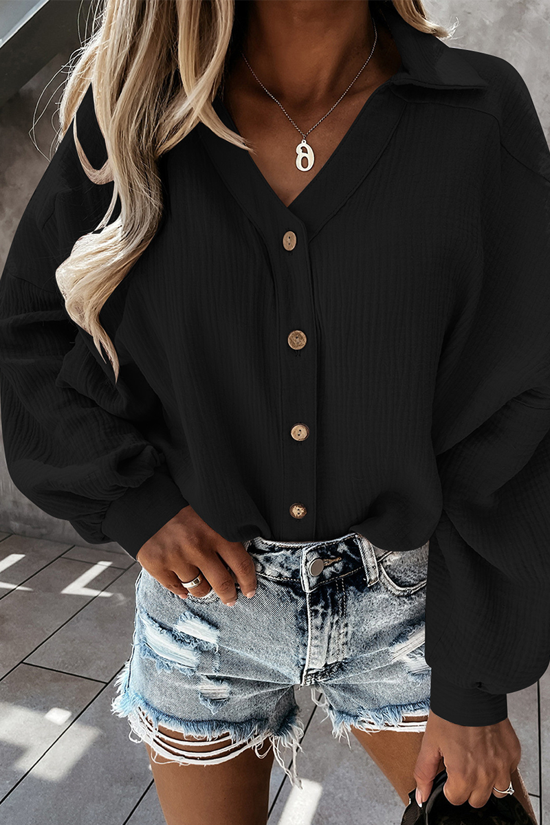 Casual Solid Buckle Turndown Collar Tops