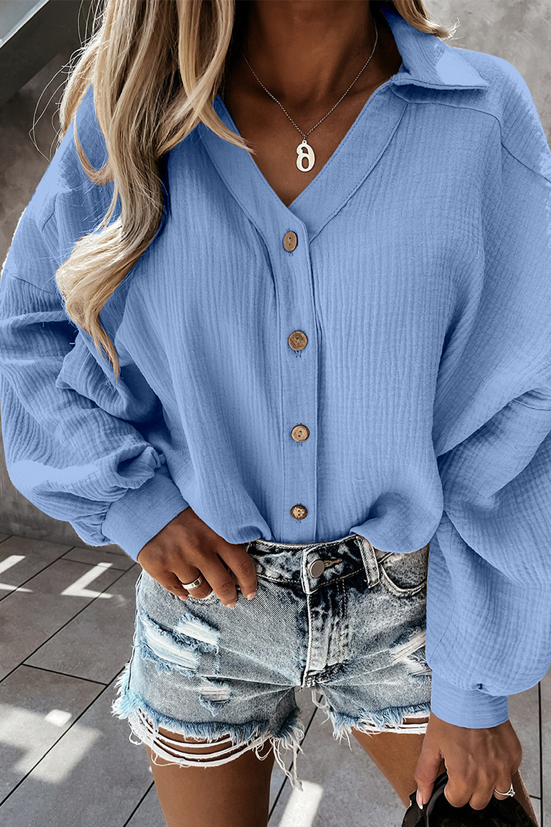 Casual Solid Buckle Turndown Collar Tops