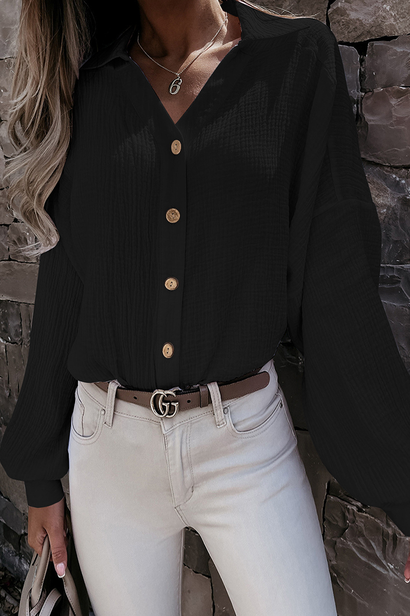 Casual Solid Buckle Turndown Collar Tops