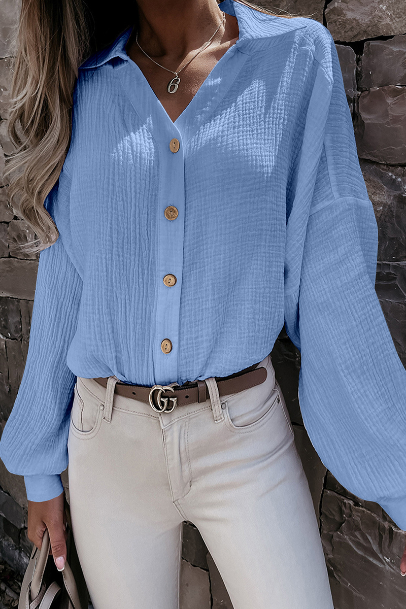 Casual Solid Buckle Turndown Collar Tops