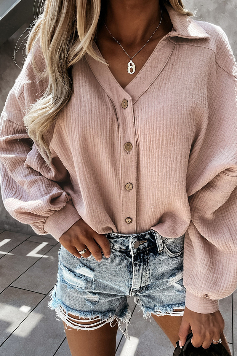 Casual Solid Buckle Turndown Collar Tops