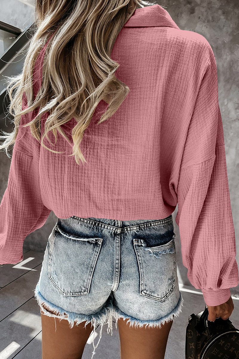 Casual Solid Buckle Turndown Collar Tops