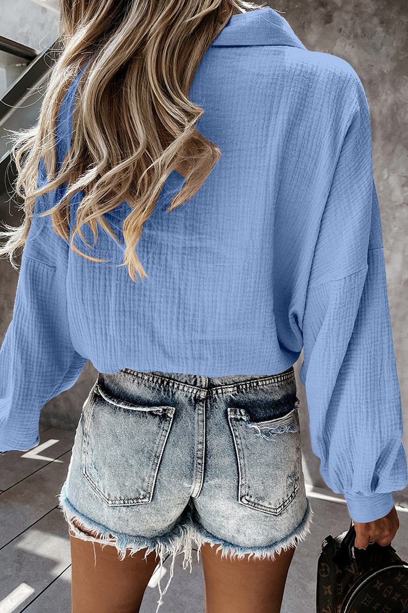 Casual Solid Buckle Turndown Collar Tops