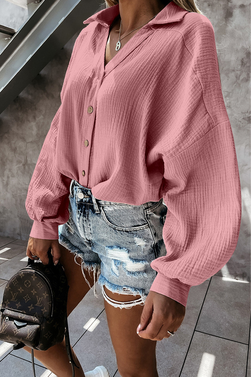 Casual Solid Buckle Turndown Collar Tops