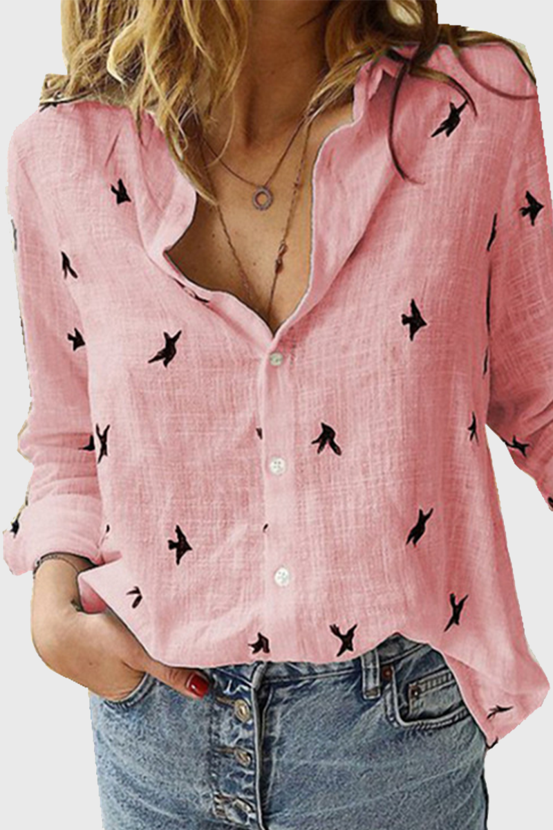 Casual Print Buckle Turndown Collar Tops(4 Colors)