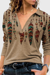 Casual Vintage Print Patchwork V Neck Tops