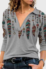 Casual Vintage Print Patchwork V Neck Tops