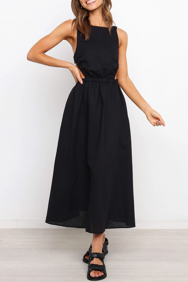 Casual Solid Backless O Neck Waist Skirt Dresses(4 Colors)