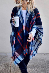 Casual Plaid Tassel Split Joint Outerwear